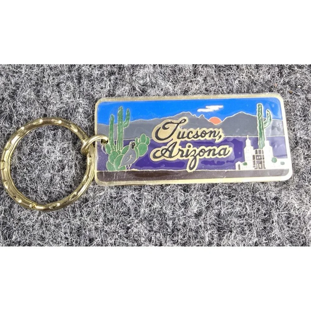 Tucson Arizona Metal And Enamel Keychain Vintage Rectangle Cactus
